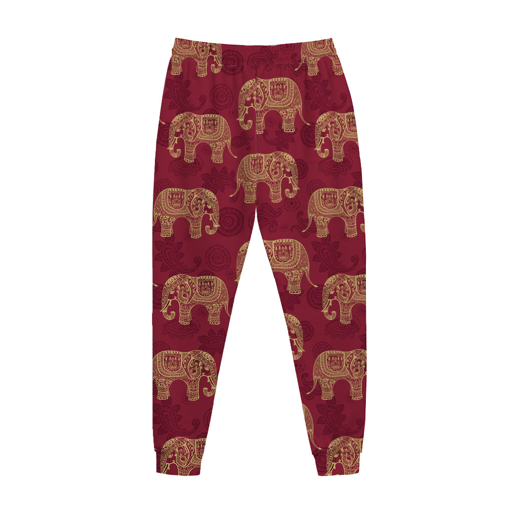 Gold And Red Boho Elephant Print Jogger Pants