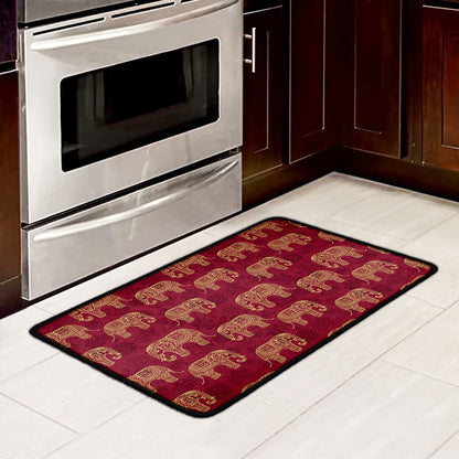 Gold And Red Boho Elephant Print Kitchen Mat