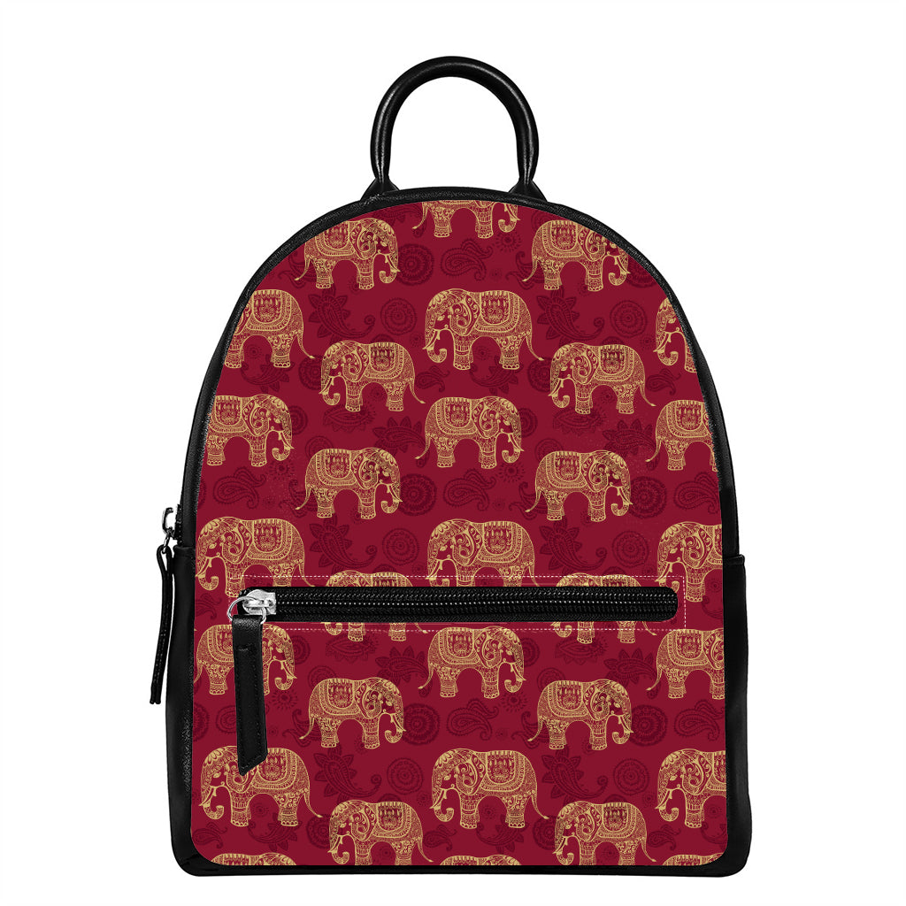 Gold And Red Boho Elephant Print Leather Backpack