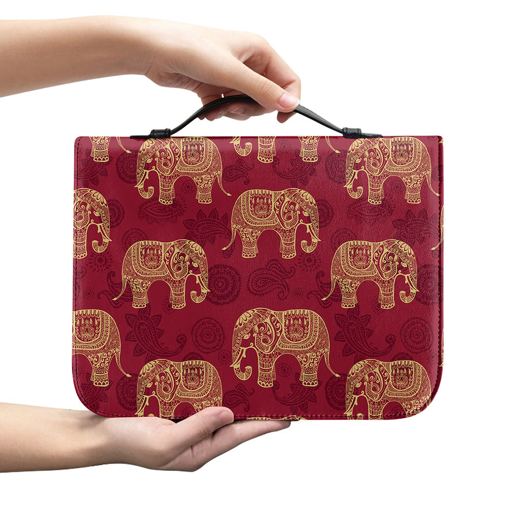 Gold And Red Boho Elephant Print Leather Bible Cover