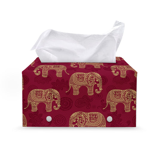 Gold And Red Boho Elephant Print Leather Tissue Box Cover