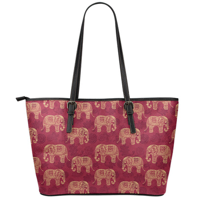 Gold And Red Boho Elephant Print Leather Tote Bag