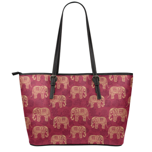 Gold And Red Boho Elephant Print Leather Tote Bag
