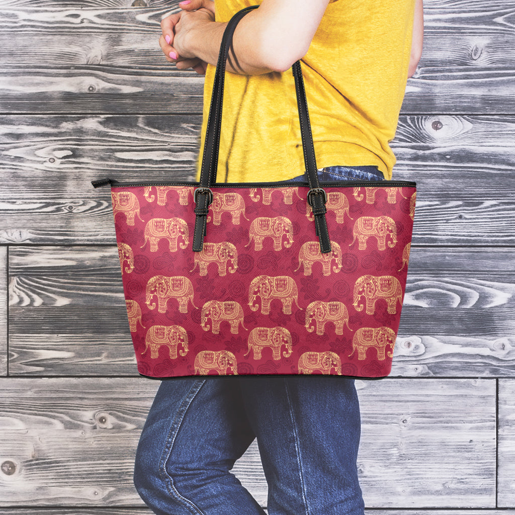 Gold And Red Boho Elephant Print Leather Tote Bag