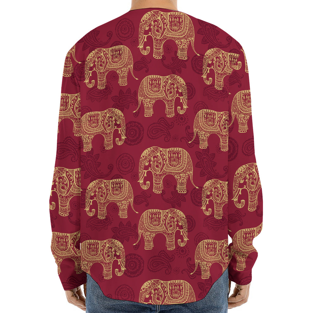 Gold And Red Boho Elephant Print Long Sleeve Baseball Jersey