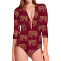 Gold And Red Boho Elephant Print Long Sleeve Swimsuit