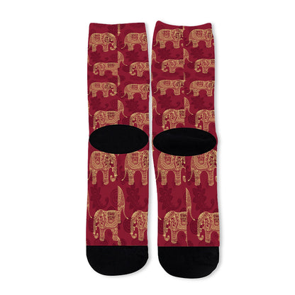 Gold And Red Boho Elephant Print Long Socks