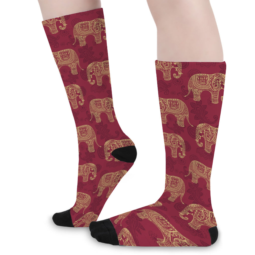 Gold And Red Boho Elephant Print Long Socks