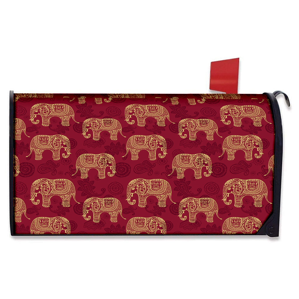 Gold And Red Boho Elephant Print Mailbox Cover