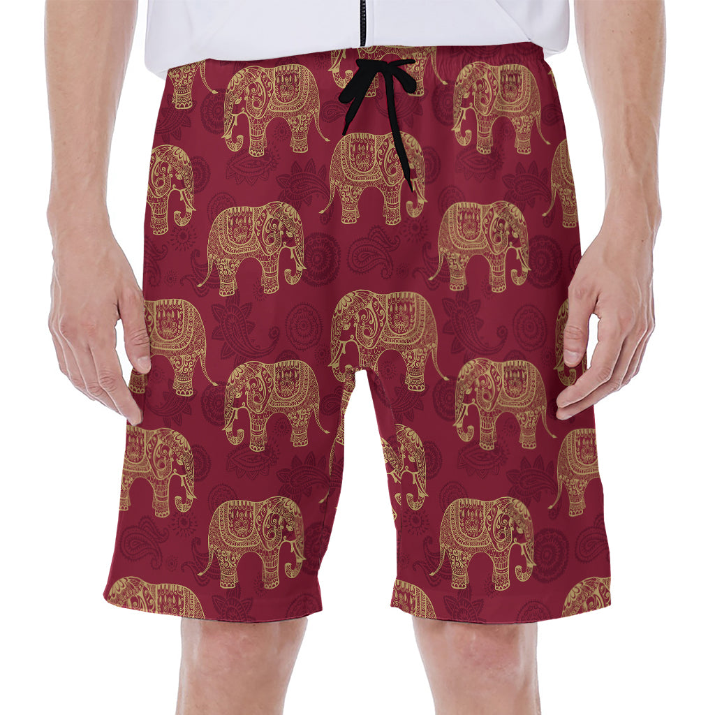 Gold And Red Boho Elephant Print Men's Beach Shorts