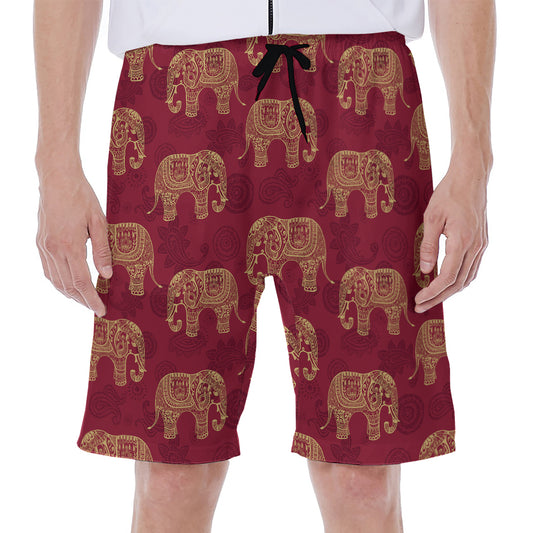 Gold And Red Boho Elephant Print Men's Beach Shorts