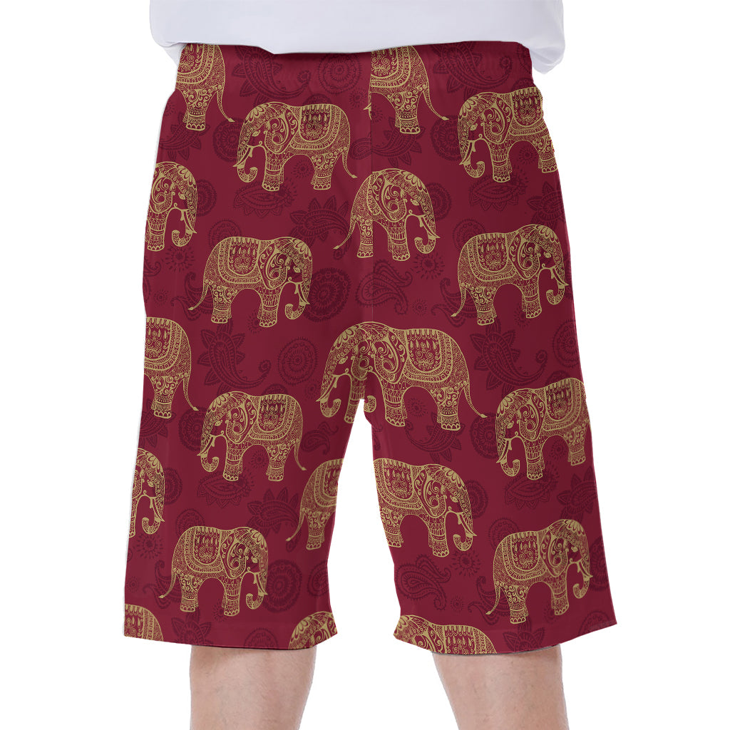 Gold And Red Boho Elephant Print Men's Beach Shorts