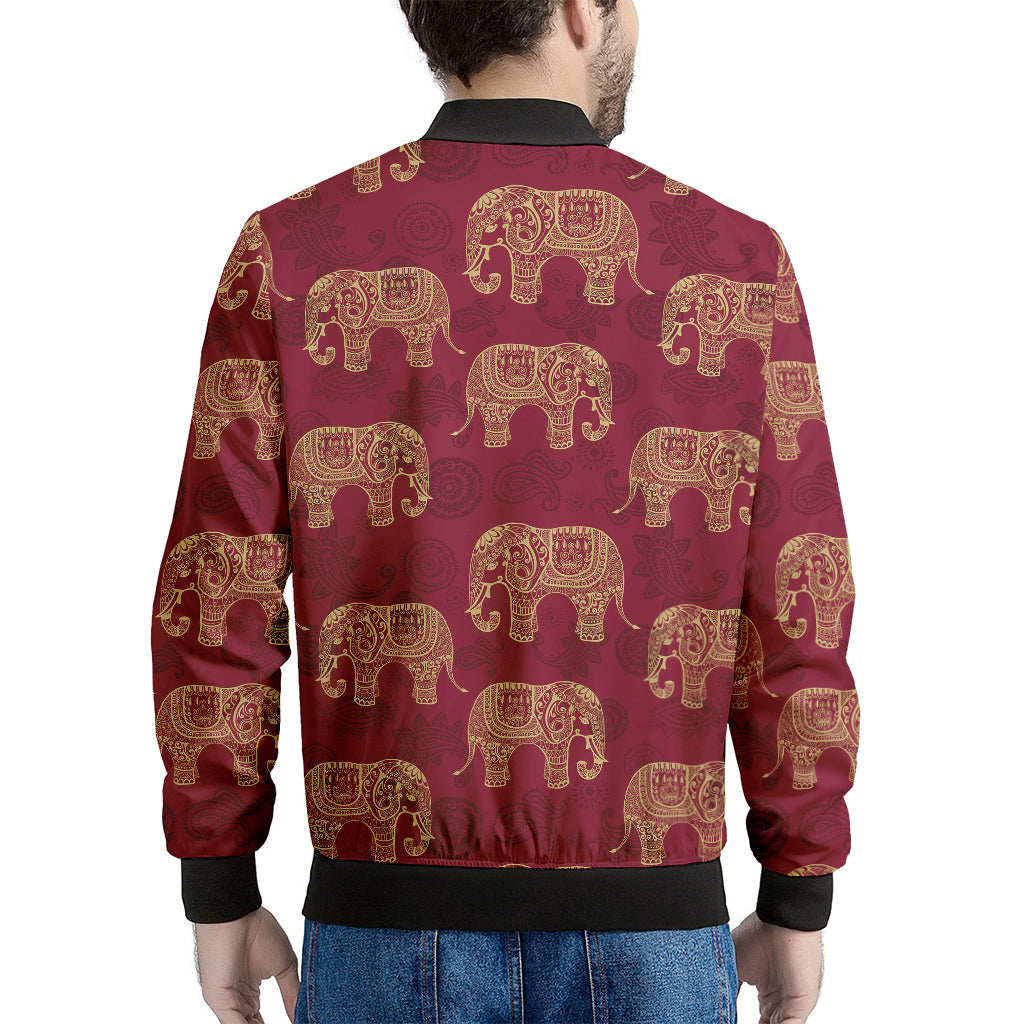 Gold And Red Boho Elephant Print Men's Bomber Jacket