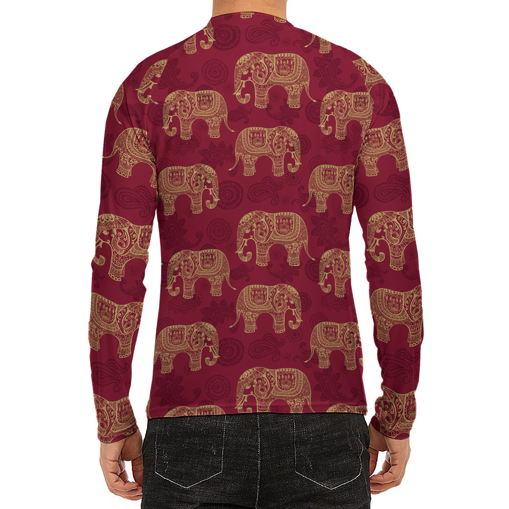 Gold And Red Boho Elephant Print Men's Long Sleeve Rash Guard