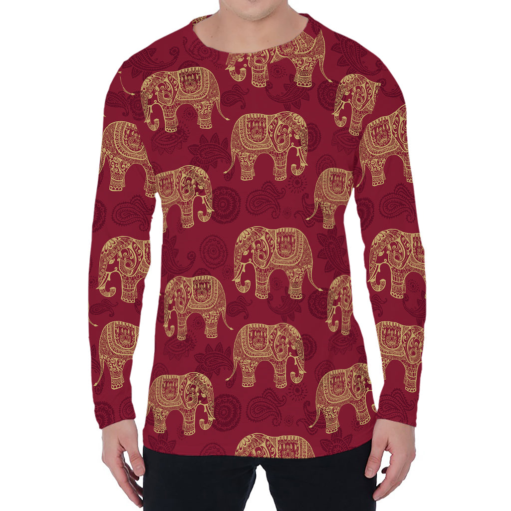 Gold And Red Boho Elephant Print Men's Long Sleeve T-Shirt