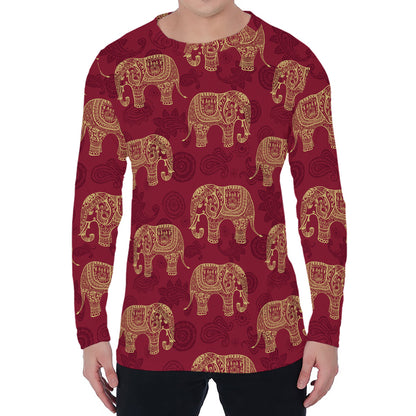 Gold And Red Boho Elephant Print Men's Long Sleeve T-Shirt