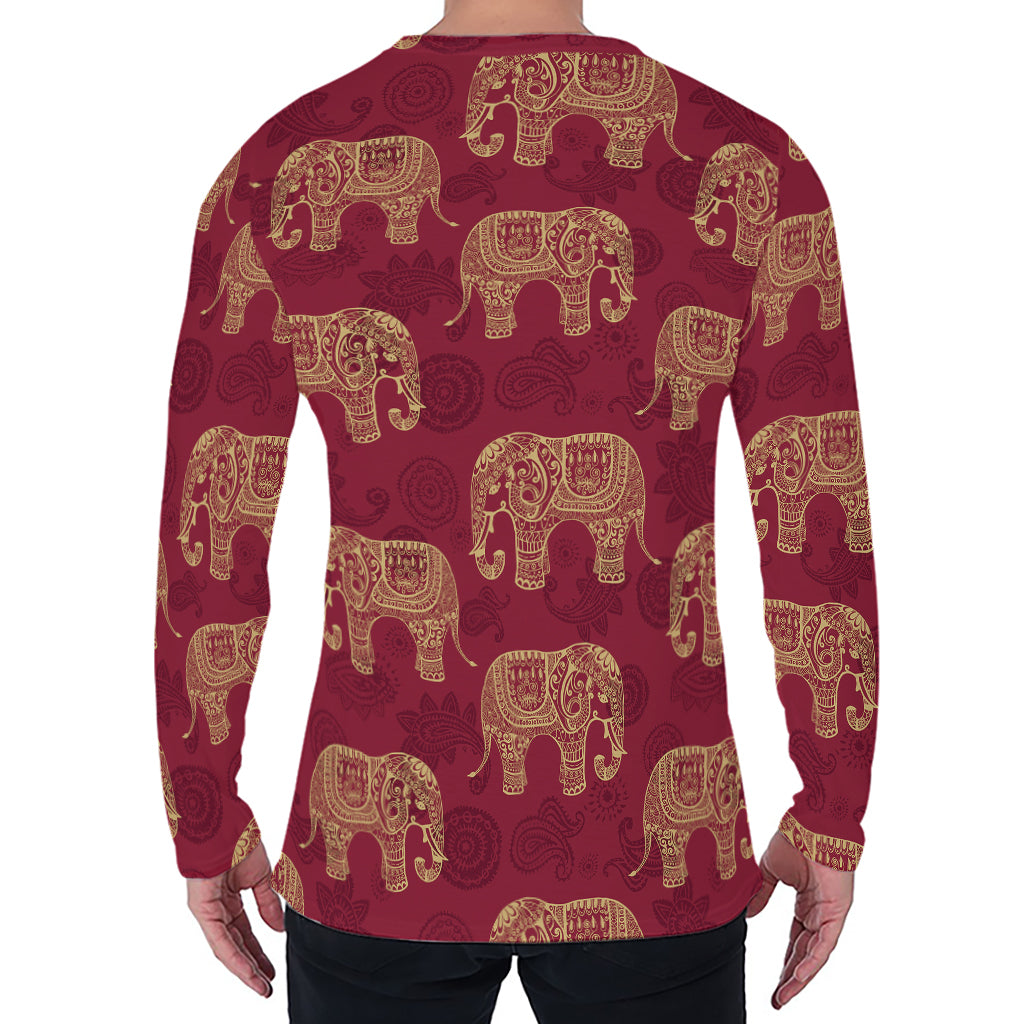Gold And Red Boho Elephant Print Men's Long Sleeve T-Shirt