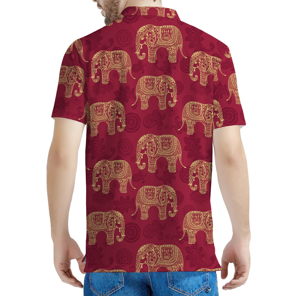 Gold And Red Boho Elephant Print Men's Polo Shirt