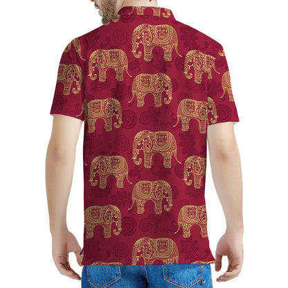 Gold And Red Boho Elephant Print Men's Polo Shirt