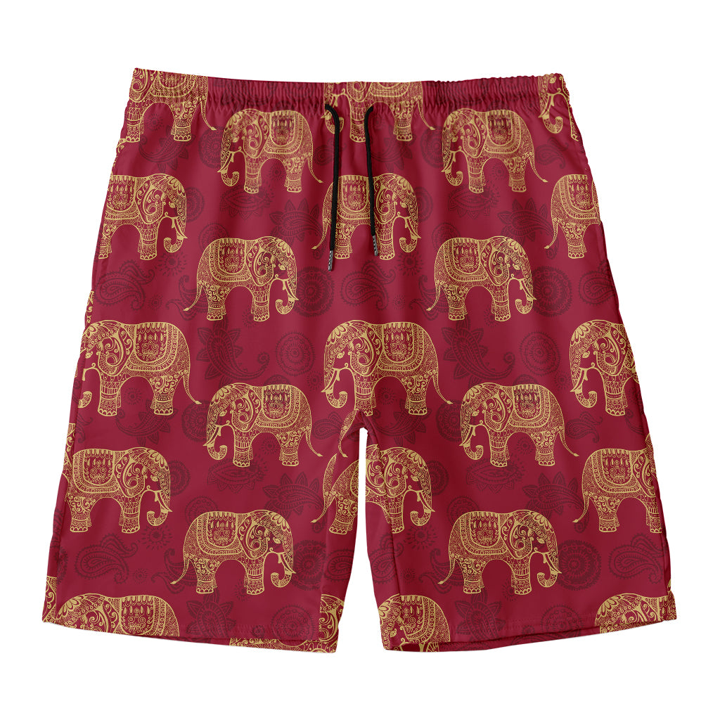 Gold And Red Boho Elephant Print Men's Swim Trunks