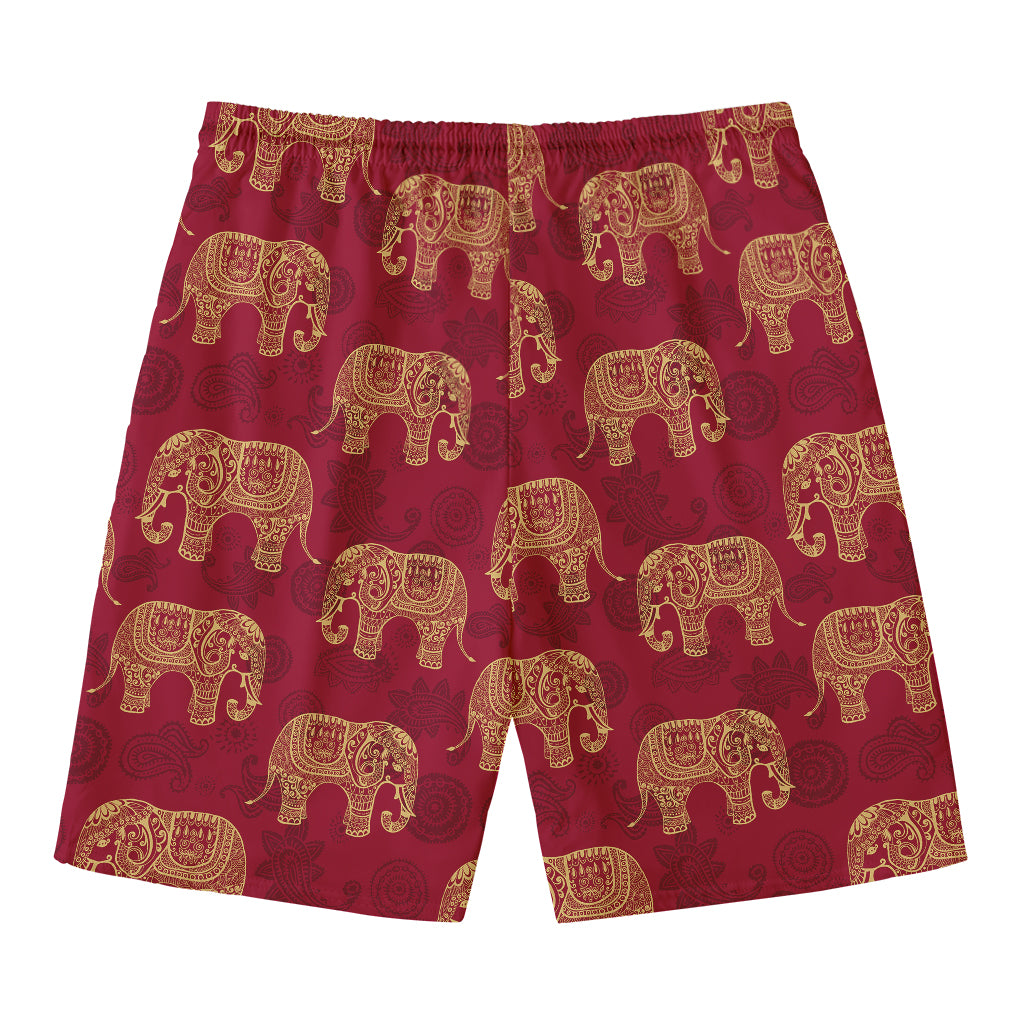 Gold And Red Boho Elephant Print Men's Swim Trunks