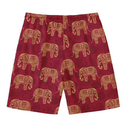 Gold And Red Boho Elephant Print Men's Swim Trunks