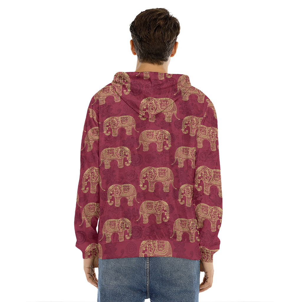Gold And Red Boho Elephant Print Men's Velvet Pullover Hoodie