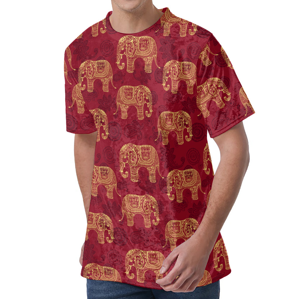 Gold And Red Boho Elephant Print Men's Velvet T-Shirt