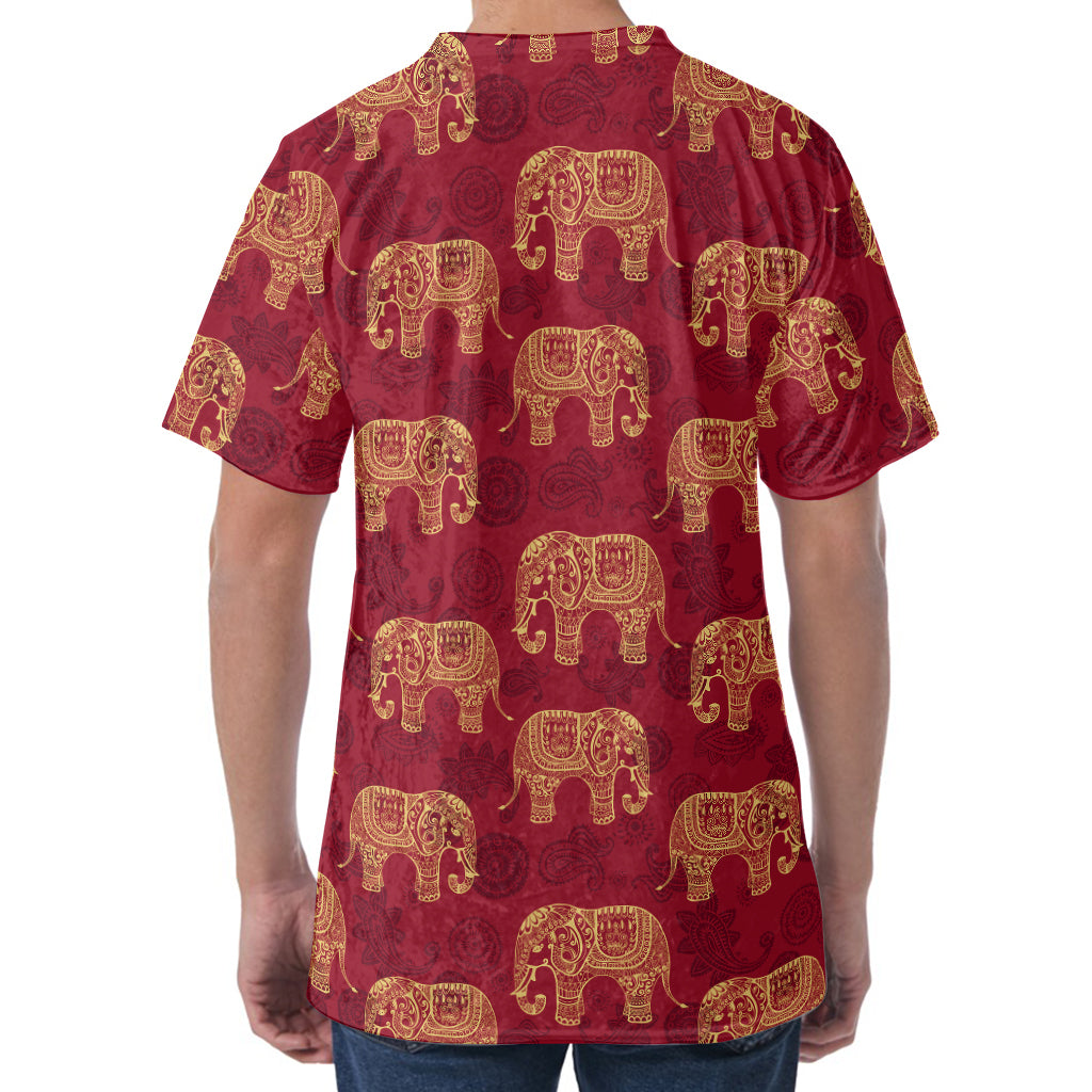 Gold And Red Boho Elephant Print Men's Velvet T-Shirt