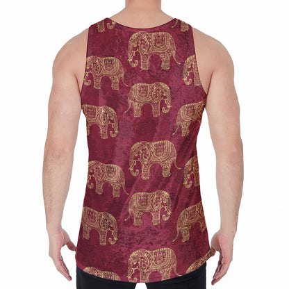 Gold And Red Boho Elephant Print Men's Velvet Tank Top