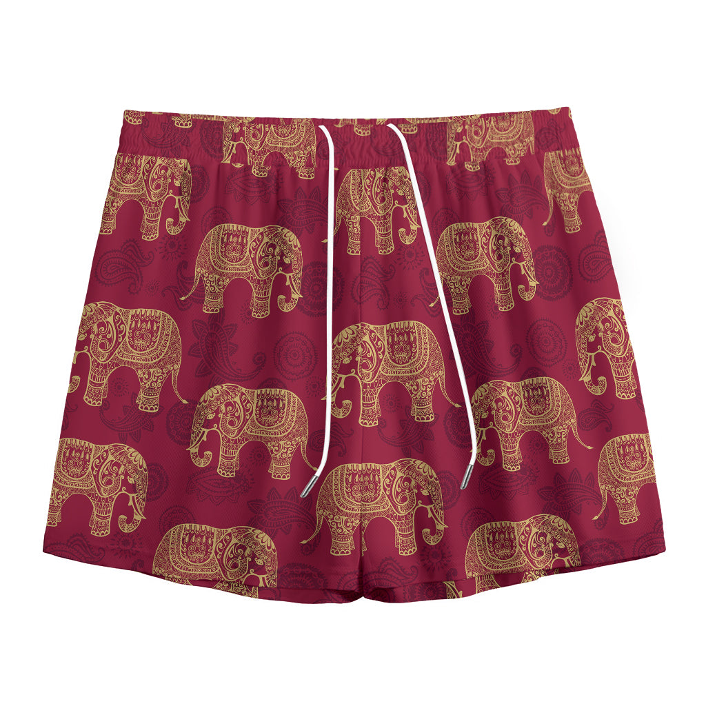 Gold And Red Boho Elephant Print Mesh Shorts