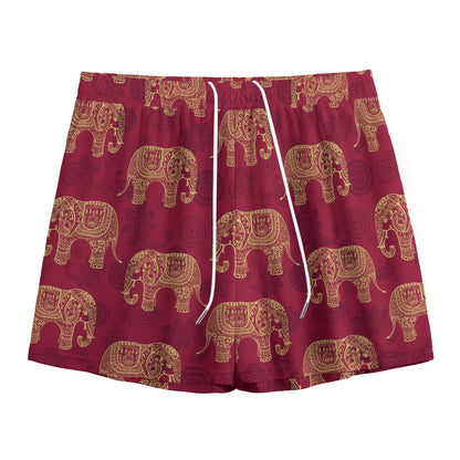 Gold And Red Boho Elephant Print Mesh Shorts