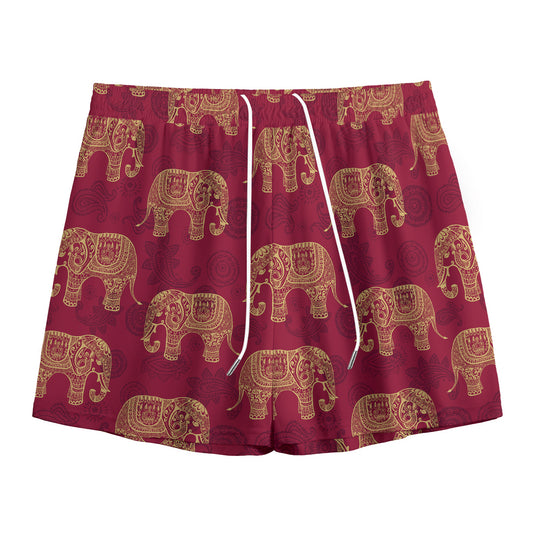 Gold And Red Boho Elephant Print Mesh Shorts