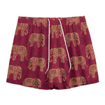 Gold And Red Boho Elephant Print Mesh Shorts