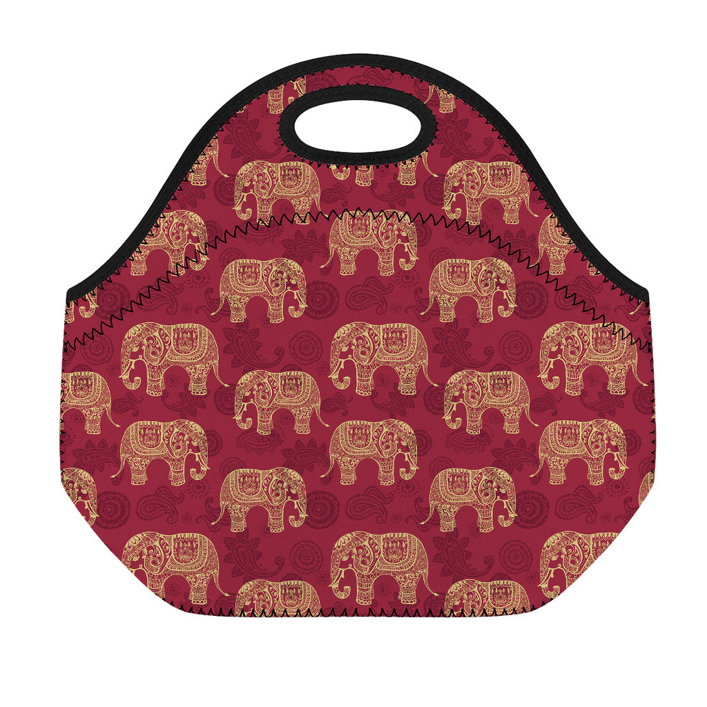 Gold And Red Boho Elephant Print Neoprene Lunch Bag