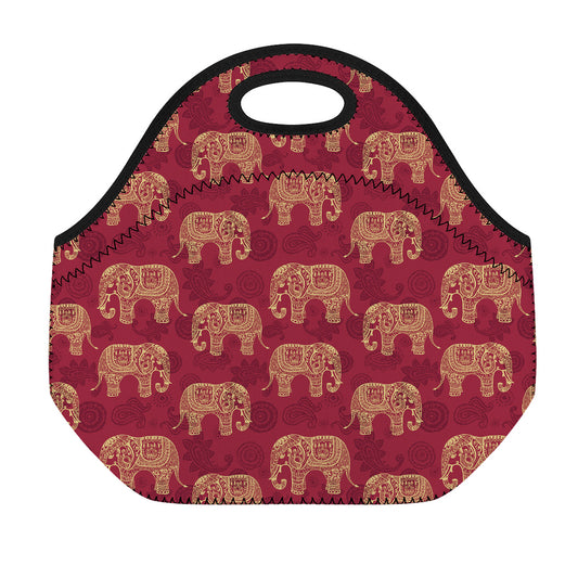 Gold And Red Boho Elephant Print Neoprene Lunch Bag