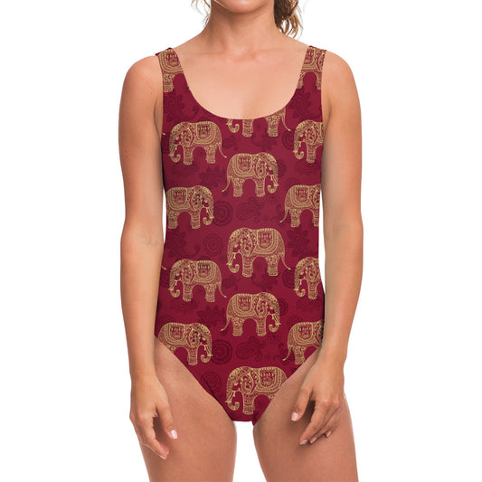 Gold And Red Boho Elephant Print One Piece Swimsuit