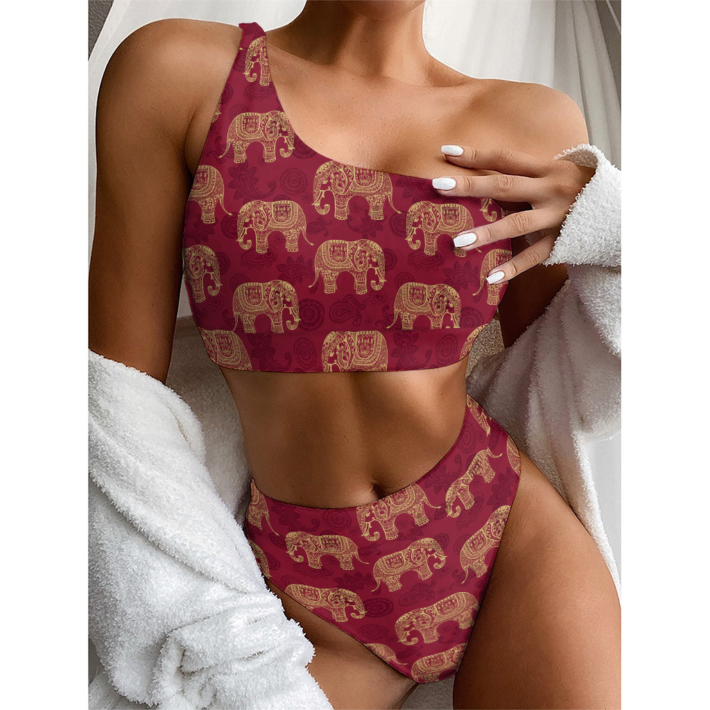 Gold And Red Boho Elephant Print One Shoulder Bikini Top