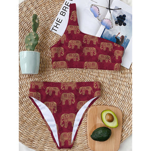 Gold And Red Boho Elephant Print One Shoulder Bikini Top