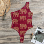 Gold And Red Boho Elephant Print One Shoulder Bodysuit