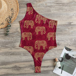 Gold And Red Boho Elephant Print One Shoulder Bodysuit