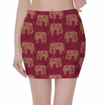 Gold And Red Boho Elephant Print Pencil Mini Skirt