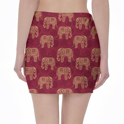 Gold And Red Boho Elephant Print Pencil Mini Skirt