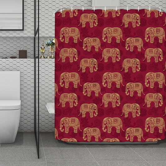 Gold And Red Boho Elephant Print Polyester Shower Curtain