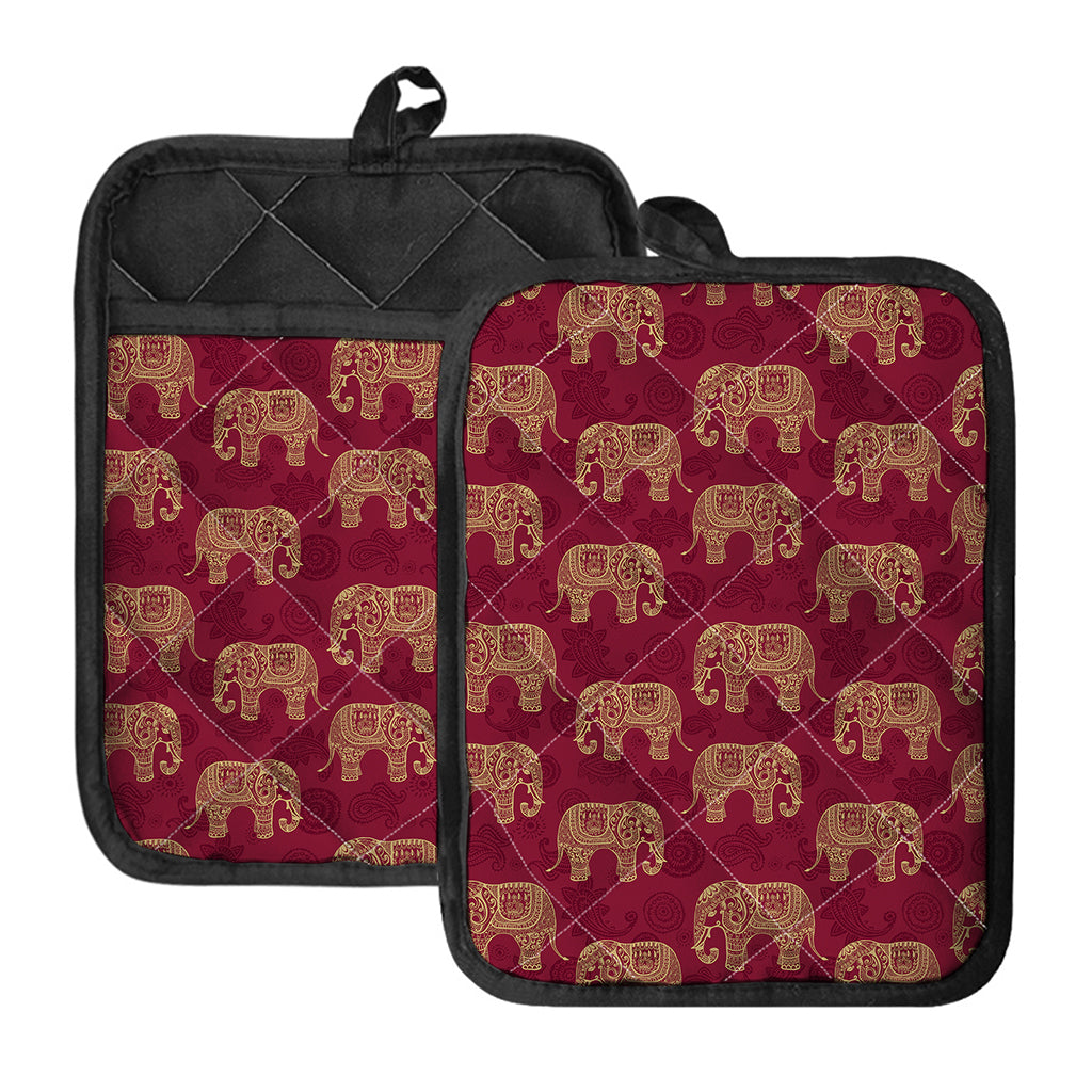 Gold And Red Boho Elephant Print Pot Holders With Pocket