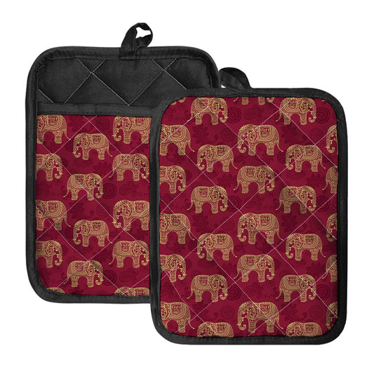 Gold And Red Boho Elephant Print Pot Holders With Pocket