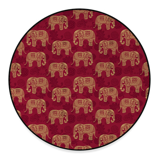Gold And Red Boho Elephant Print Round Floor Mat