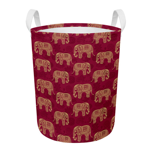 Gold And Red Boho Elephant Print Round Laundry Basket