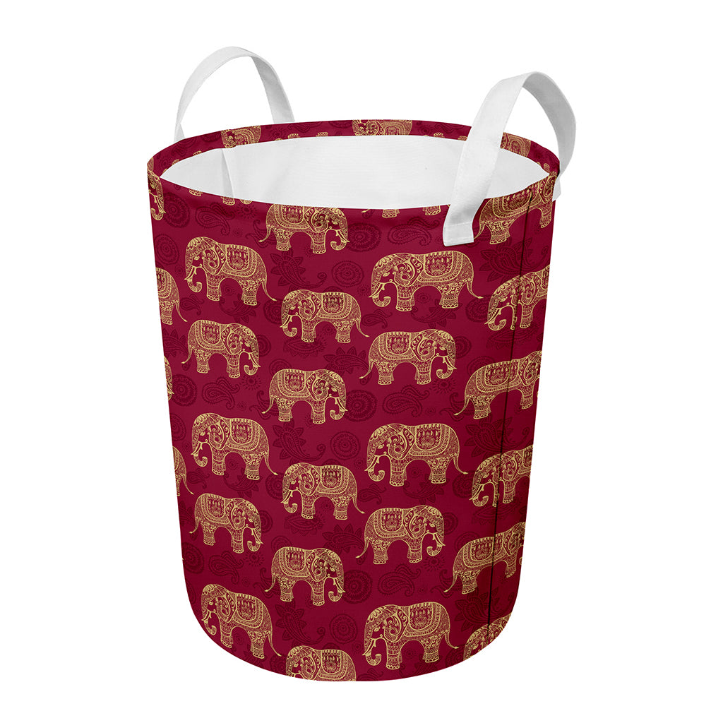 Gold And Red Boho Elephant Print Round Laundry Basket