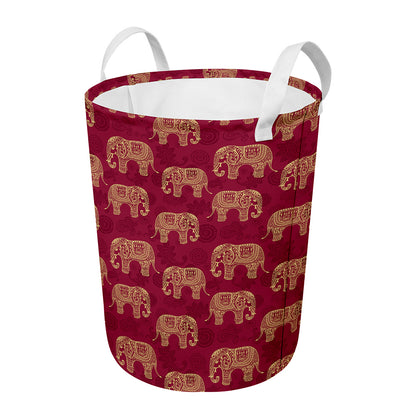 Gold And Red Boho Elephant Print Round Laundry Basket